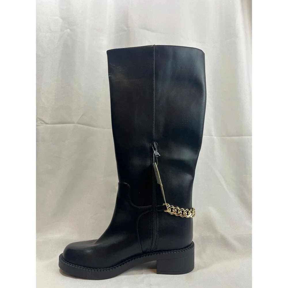 A‎ New Day Womens Black Tall Boots with Gold Chain Detail Size 6.5 Knee High